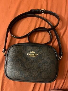 Coach Dark Brown and Black Signature Crossbody with Gold Logo